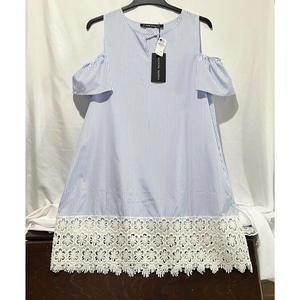 Haute Rogue Blue Striped dress, cold shoulder, 6” lace trim.‎ NWT. Lightweight.